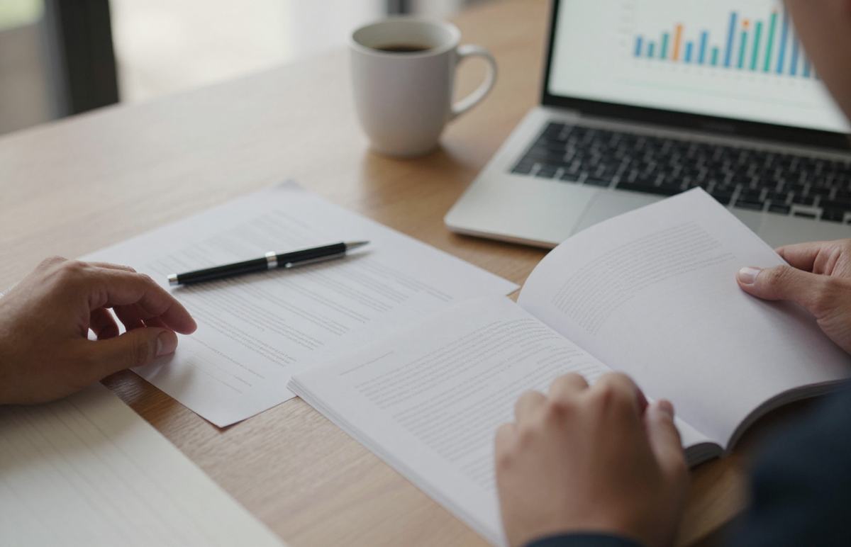 Claim and underwriting paperwork on a desk beside a laptop